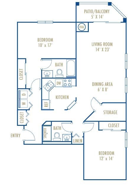 Floor plan for 2 beds, 2 baths, 1259 sqft